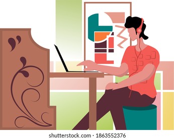 Business Person Character Sitting at table with laptop, flat design style vector illustration,