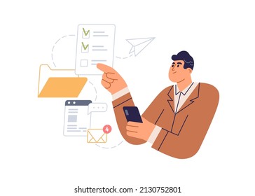Business person checking daily tasks, mail in mobile phone application. Businessman with checklist, email at work. Online workflow concept. Flat vector illustration isolated on white background