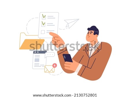Business person checking daily tasks, mail in mobile phone application. Businessman with checklist, email at work. Online workflow concept. Flat vector illustration isolated on white background