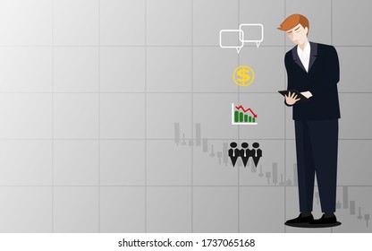 A business person is checking business information from a tablet . Looks serious because the business is affected by the corona virus.icon,vector,illustration.
