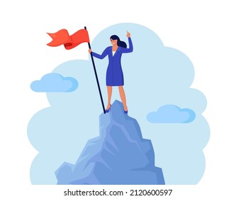 Business person climbed to top of mountain and hoisted flag on it. Career, professional achievement, ambition. Woman stands on mountain peak, celebrates victory. Business development, success, growth