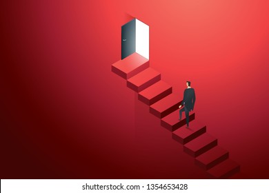 Persona de negocios trepando sobre el plomo de hormigón en la puerta negro en la pared rojo camino de la escalera para el éxito de la meta. vector de ilustración