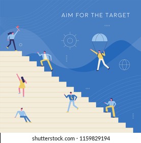 Business person climbing stairs toward goal. flat design style vector graphic illustration set