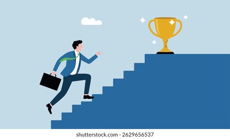 Business Person Escalada Escadas em Direção ao Troféu Dourado - Plana Vetor Minimalista de Sucesso Carreira e Conceito de Conquista