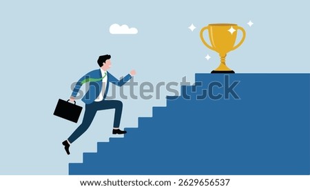 Business Person Climbing Stairs Toward Golden Trophy – Flat Minimalist Vector of Career Success and Achievement Concept