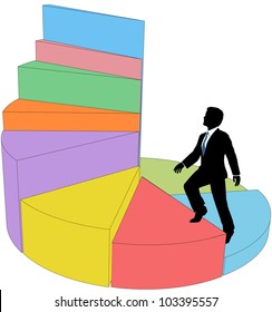 Business person climbs up 3D pie chart data as stairs
