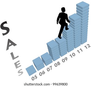 Business person climbs up a marketing monthly or yearly sales chart