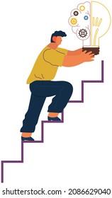 Business person climbs steps up to solution goal holds light bulb with great idea logical concept. Idea generation, imagination, solution, businessman and scheme, male with technical mindset