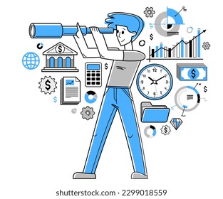 Persona de negocios que recopila datos para el análisis y la búsqueda de oportunidades de búsqueda en la ilustración del esquema vectorial del telescopio de vidrio espía, el emprendedor analiza los chats financieros.