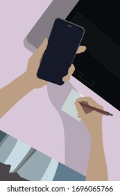 Business person at the computer. Workplace. Vector color illustration.