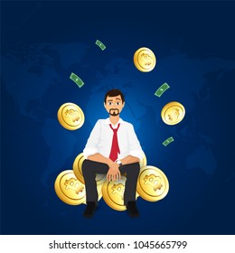 Business person or a corporate person with cryptocurrencies, real money on world map blue background. 