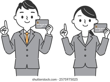 Business person with a credit card pointing, upper body, vector