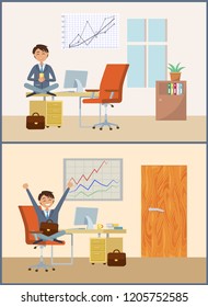 Business person with cup of warm beverage, break of director. Man relaxing in room with whiteboard and growing graphics. Interior of chief executive