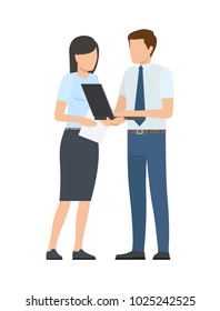Business person and discussion, poster with man and woman, laptop and contemporary technologies vector illustration, isolated on white background