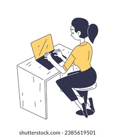 Business person doodle concept. Workflow in office. Woman at desk with laptop. Start up or business project. Graphic element for website. Cartoon flat vector illustration isolated on white background