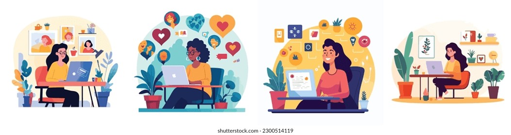 Business person during online video call. Happy woman employee sitting at office work desk, greeting via internet.Virtual communication concept. Flat vector illustration isolated on white background