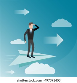 Business person flying on the paper airplane. Flight. Business concept illustration in vector