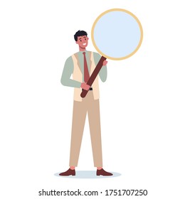 Business person in formal office clothes holding a magnifying glass. Man searching for new perspective and opportunity. Leadership concept. Vector illustration