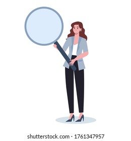 Business person in formal office clothes holding a magnifying glass. Woman searching for new perspective and opportunity. Leadership concept. Vector illustration