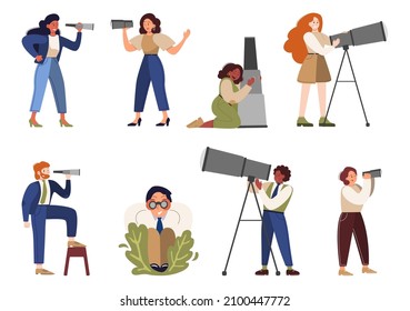 Business person in formal office clothes holding a spyglass and binoculars. Woman and man searching for new perspective and opportunity. Leadership concept. Vector illustration