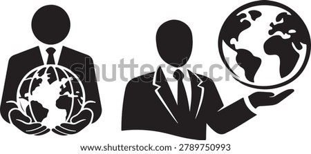 Business person with globe icon representing sustainability and global stewardship