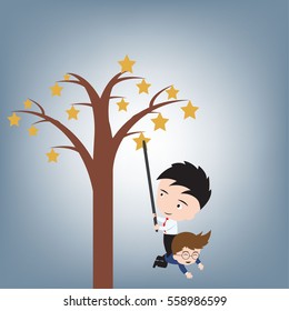 business person going to reaching for the tree stars success with colleague, make great together on business theme background, illustration vector in flat design