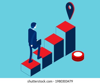Business person in going upstairs by column chart with goal. Career growth isometric