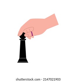 Business person hand moving pawn in chess, flat cartoon vector illustration isolated on white background. Tactics and strategy in business, wise management.