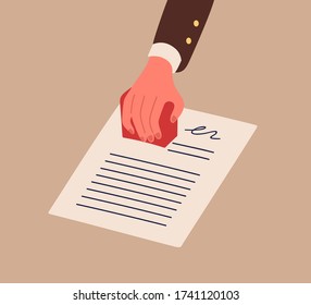 Business person hand in suit holding stamp vector flat illustration. Human arm stamping document with signature isolated. Notarial stamper on agreement, deal or contract to approve