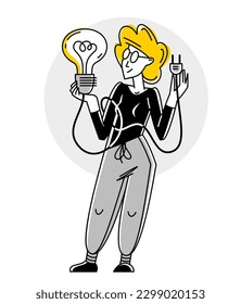 Business person have a bright idea about development or new startup, light bulb solution in a hands of innovative entrepreneur, vector outline illustration.