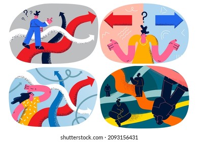 Business person have dilemma making choice or plan at workplace. Career change decision. Businesspeople feel confused frustrated with problem solution. Employment concept. Vector illustration. Set.