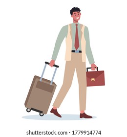 Business person having a business trip. Male character walking with a suitcase and talking on their phone. Employee in business travel with a luggage. Flat vector illustration