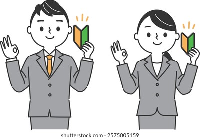 Business person holding a beginner mark and making an OK sign Upper body vector