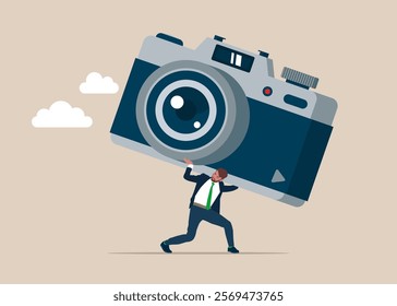 Business person holding camera photography. Flat style vector illustration.