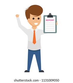 
A business person holding clipboard and gesturing with hand showing business evaluation on a clipboard
