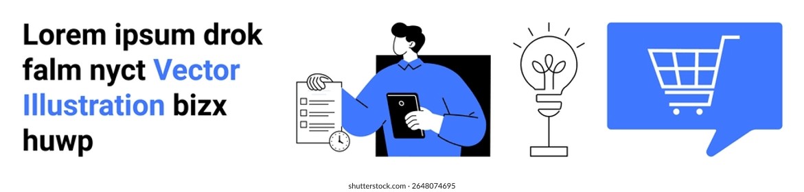 Business person holding clipboard, lightbulb icon, and shopping cart in speech bubble. Ideal for business, technology, creativity, online shopping, e-commerce, innovation. Landing page