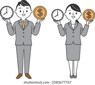 Business person holding a clock and dollar coin, full body, vector