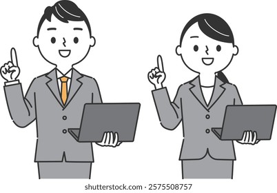 Business person holding a computer and pointing Upper body vector