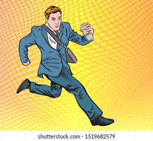 A business person holding a cup of coffee running.Pop art retro comic book cartoon drawing vector illustration kitsch vintage