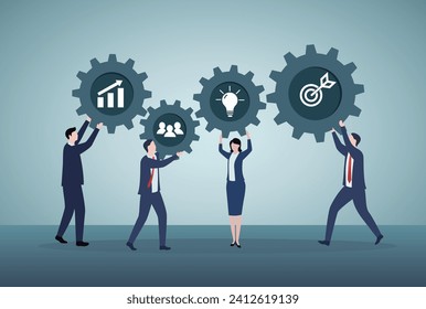 Business person holding different gear together. Each gear presents different part of business. Teamwork, cooperation concept.