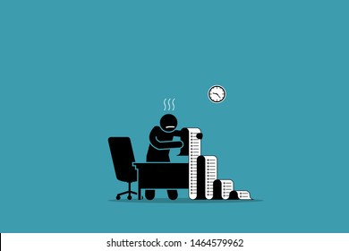 Business person holding a long paper with to do list in the office. Vector artwork concept depicts stress, overwhelmed with work, busy, tasks, and chores. 