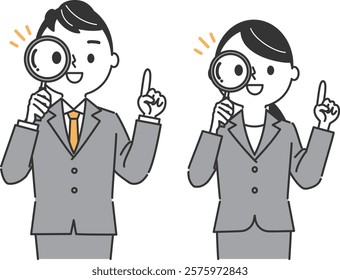 Business person holding a magnifying glass and pointing Upper body vector