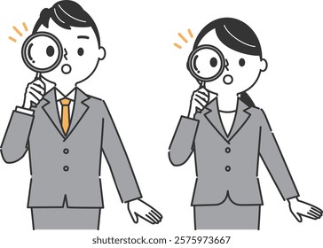 Business person holding a magnifying glass and discovering upper body vector