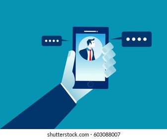 Business person holding mobile and communication with businessman. Concept business illustration for site or banners and web. Vector flat design style modern