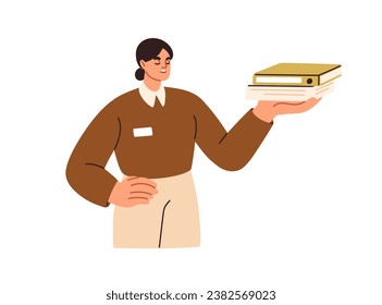 Persona de negocios sosteniendo papeles, carpeta en mano. Mujer, trabajadora ejecutiva, empleada dando informe de trabajo, presentando un paquete de documentos. Ilustración vectorial gráfica plana aislada en fondo blanco