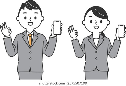 Business person holding a smartphone and making an OK sign Upper body vector