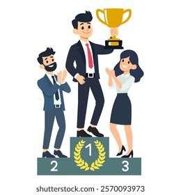 Business person holding a trophy vector illustration with cartoon characters in office attire