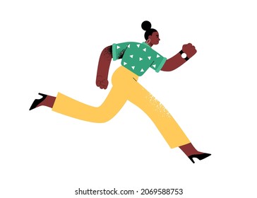 Business person hurry and running at high speed to succeed in life race. Rush and fast lifestyle concept. Strong woman with career aspirations. Flat vector illustration isolated on white background