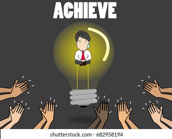 Business person in idea light bulb and graph representing success and growth.  Funny vector concept.