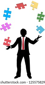 Business person juggles jigsaw puzzle pieces to find solution to his problems